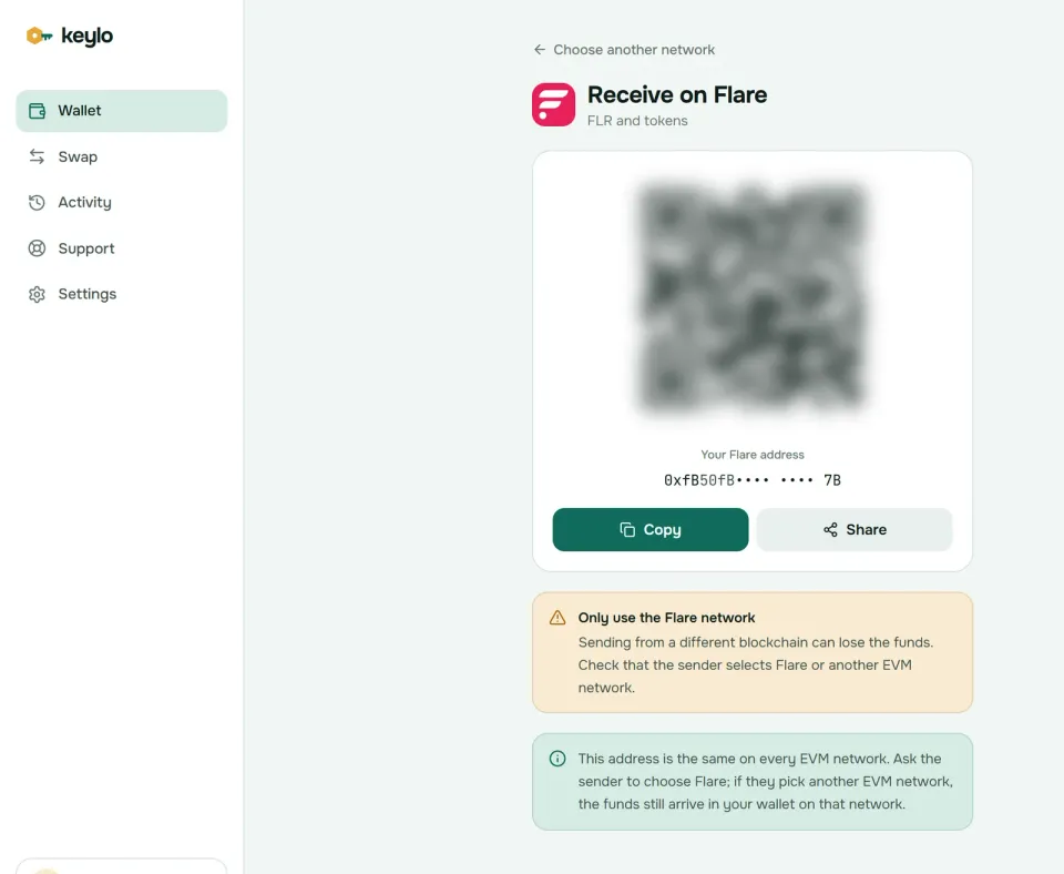 Keylo's Receive screen showing a Flare address and QR code