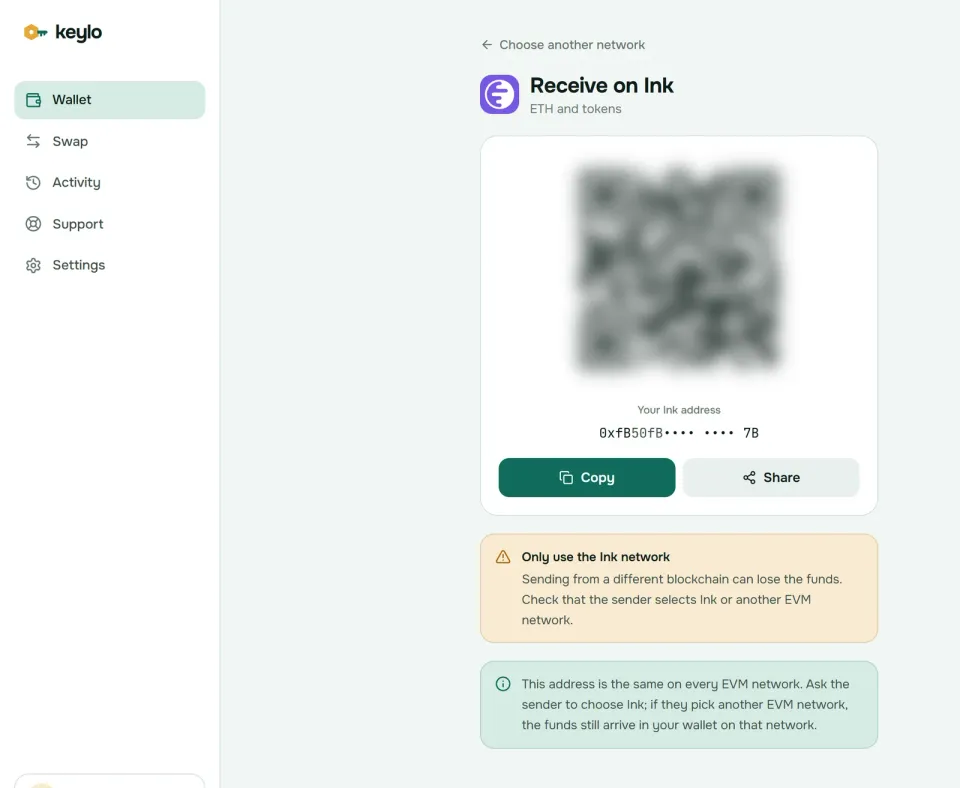 Keylo's Receive screen showing an Ink address and QR code