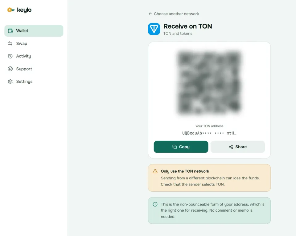 Keylo's Receive screen showing a TON address and QR code