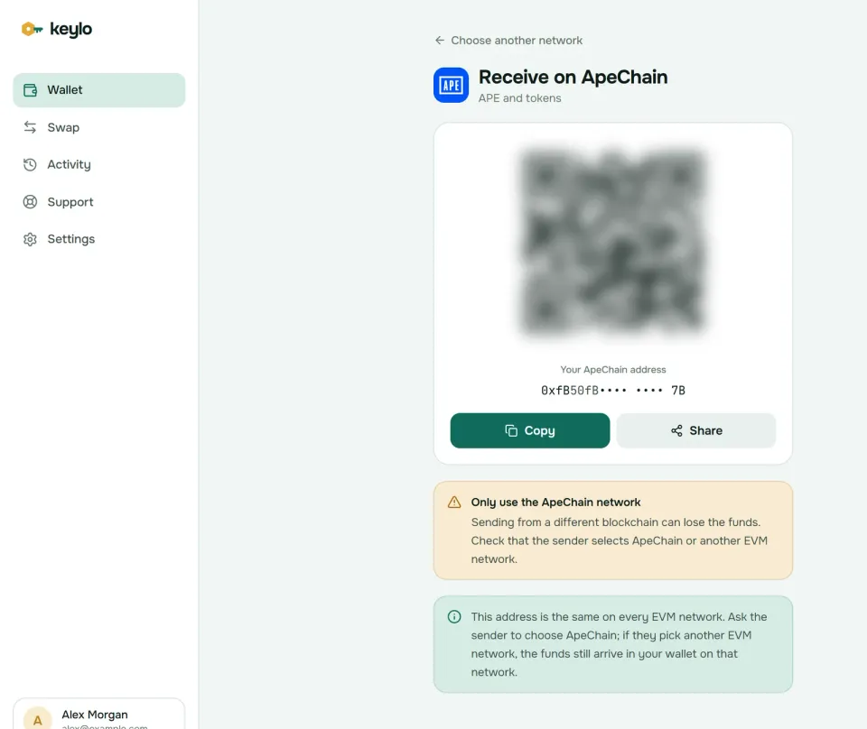 Keylo's Receive screen showing an ApeChain address and QR code