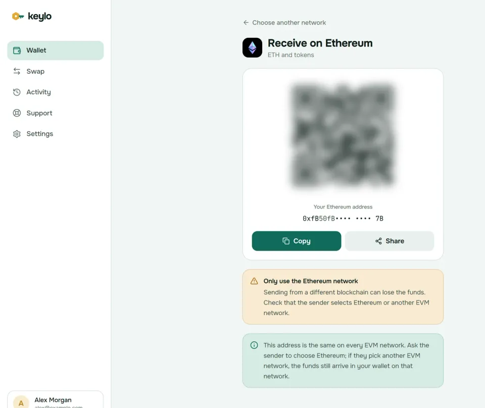 Keylo's Receive screen showing an Ethereum address and QR code