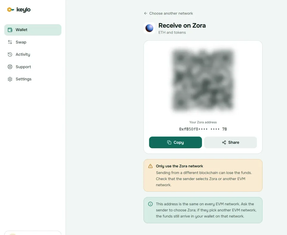 Keylo's Receive screen showing a Zora address and QR code