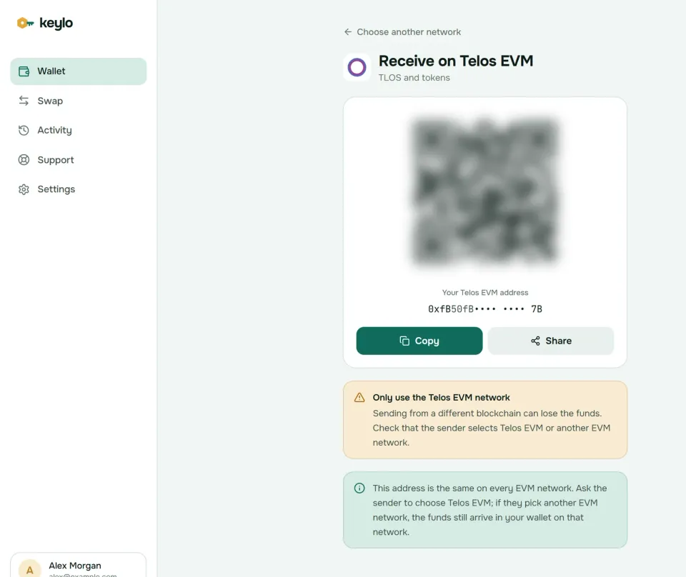 Keylo's Receive screen showing a Telos EVM address and QR code