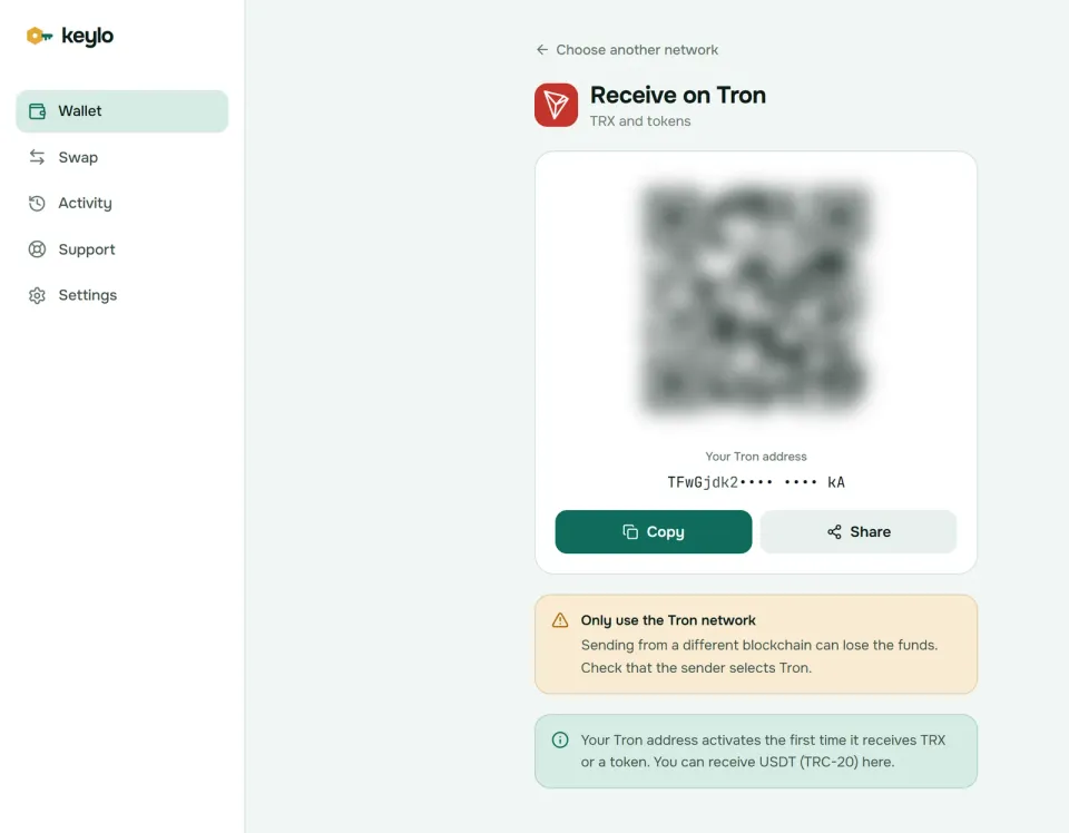 Keylo's Receive screen showing a Tron address and QR code