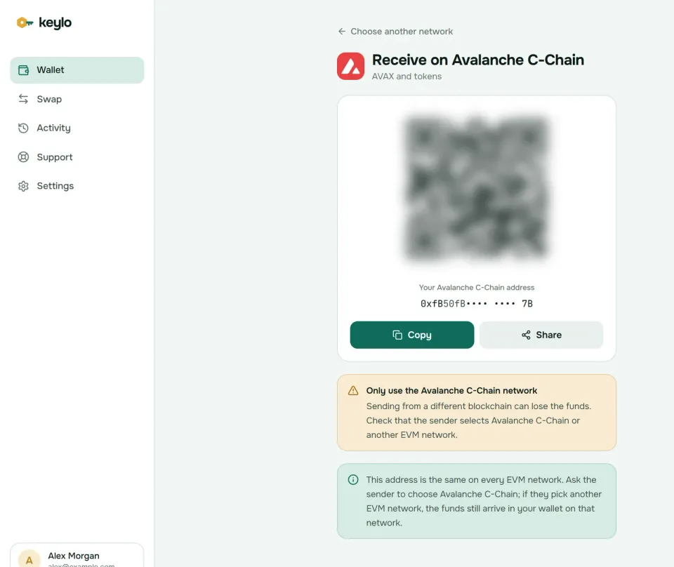 Keylo's Receive screen showing an Avalanche C-Chain address and QR code