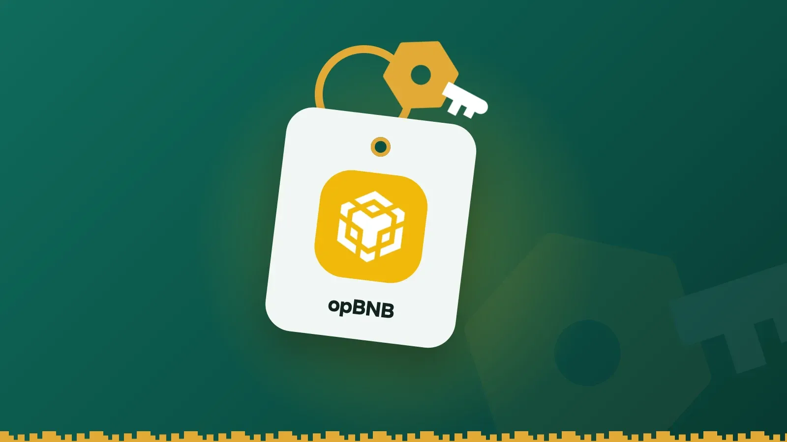 opBNB logo on a Keylo key tag hanging from a brass key ring