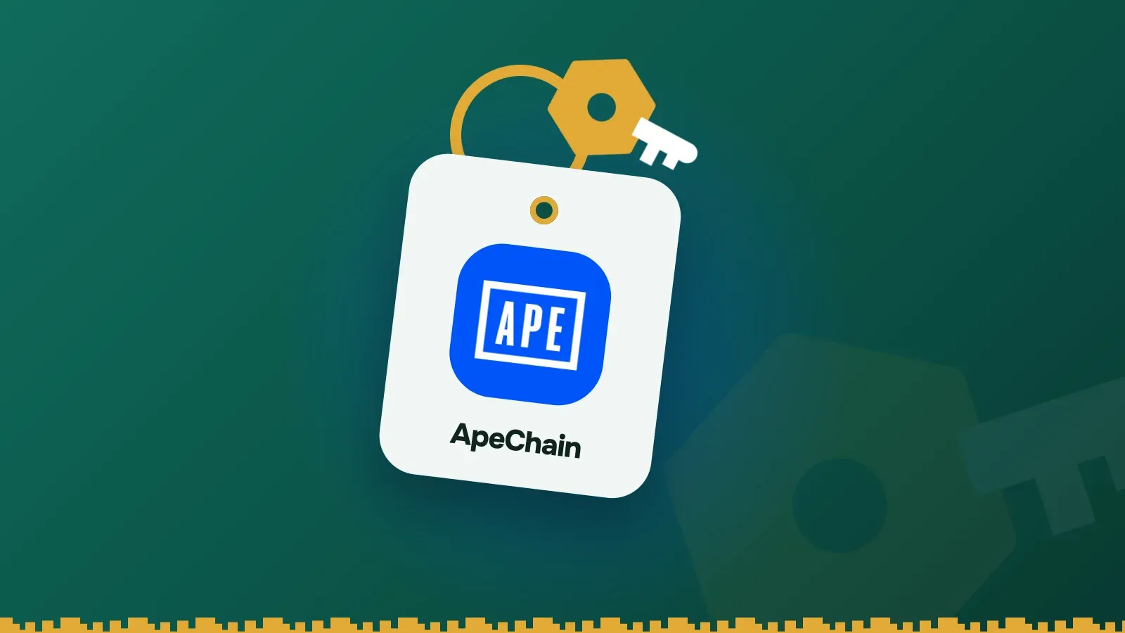 ApeChain logo on a Keylo key tag hanging from a brass key ring