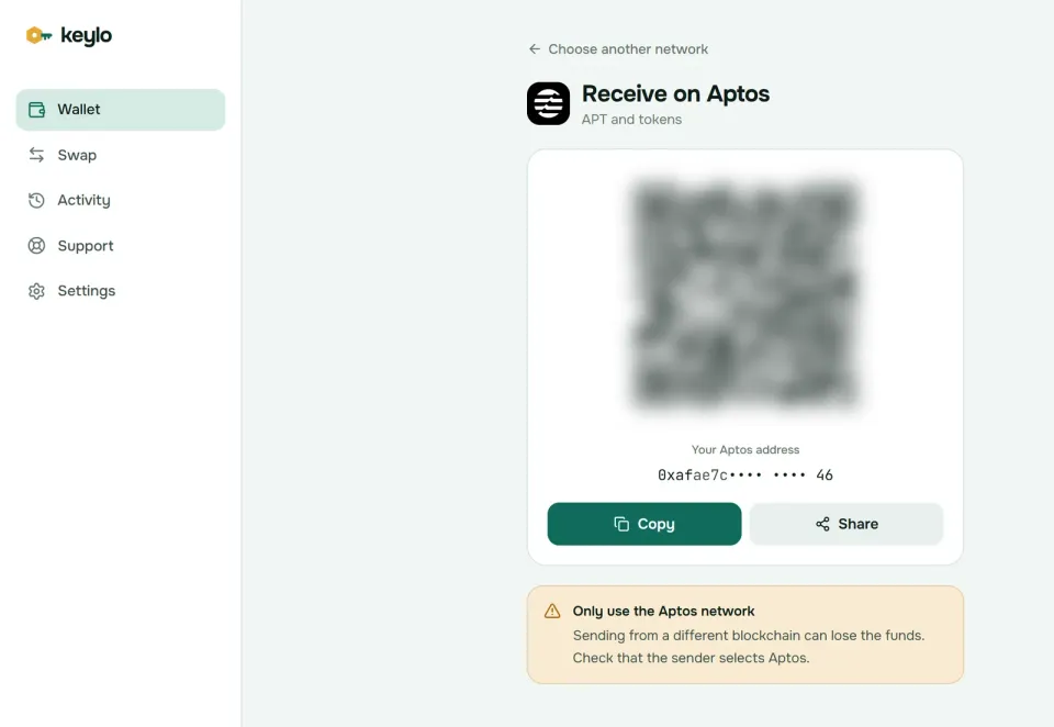 Keylo's Receive screen showing an Aptos address and QR code
